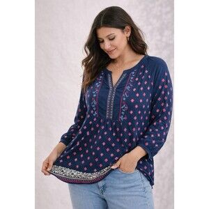 Boho Embroidered Peasant Top Womens Medium Cotton Modal Blue Blouse